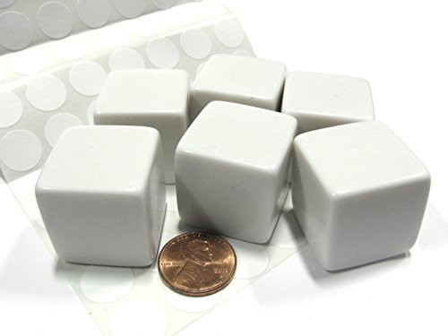 Koplow Games Set of 6 D6 25mm Blank Large Dice with Customizable Stickers - Solid White