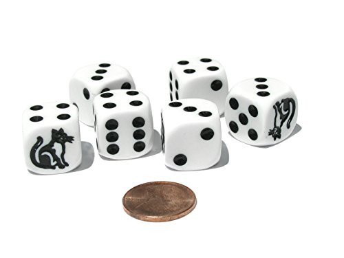 Koplow Games Set of 6 Cat Dice 16mm D6 Rounded Edge Koplow Animal Dice- White with Black Pips