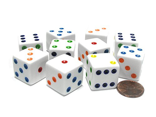 Koplow Games Set of 10 Large Six Sided Square Opaque 19mm D6 Dice - White with Multicolor Pip by Koplow Games