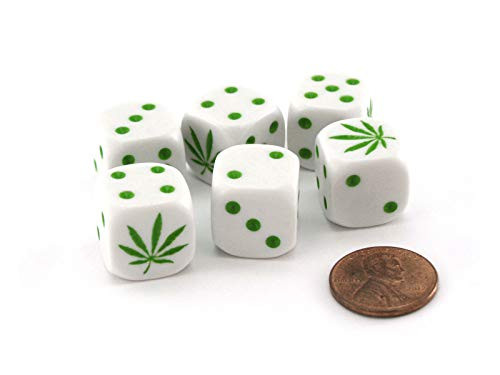 Koplow Games Pack of 6 Marijuana Hemp Weed 16mm Dice Set - White with Green Etches