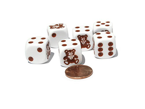 Koplow Games Set of 6 Teddy Bear 16mm D6 Round Edged Koplow Dice - White with Brown Pips