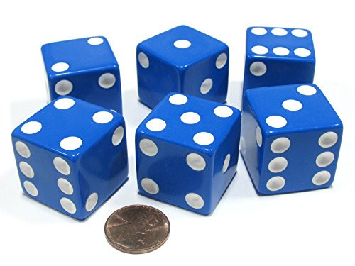 Koplow Games Set of 6 D6 25mm Large Opaque Jumbo Dice - Blue with White Pip