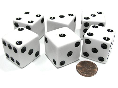 Koplow Games Set of 6 D6 25mm Large Opaque Jumbo Dice - White with Black Pip by Koplow Games