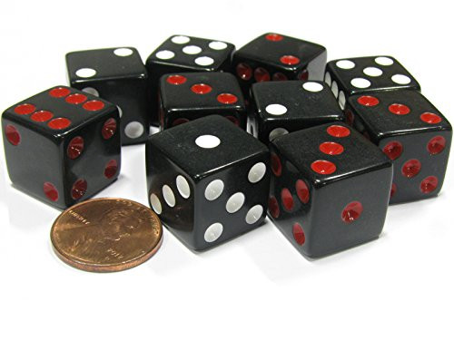 Koplow Games Set of 10 D6 16mm Dice Inversed Pips- 5 Black w Red Pip and 5 Black w White Pip