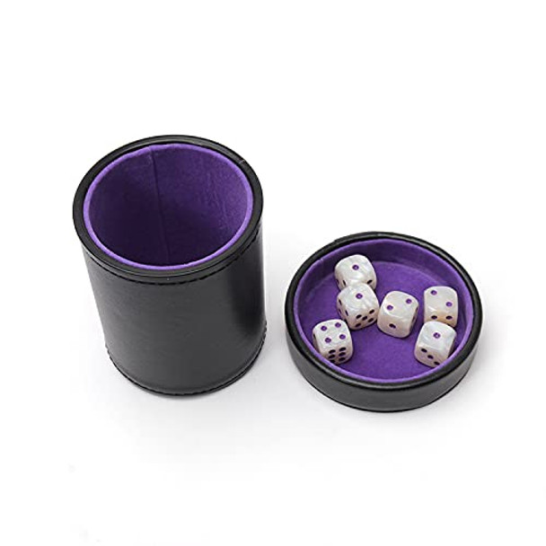 Luck Lab Leather Dice Cup with Lid Including 6 Matching White Pearl and Purple Dice - Purple Velvet Interior for Quiet Shaking - Use for Liars Dice Farkle Yahtzee Board Games Black