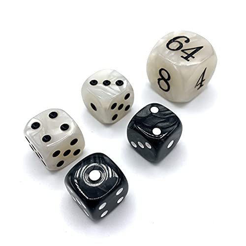 Luck Lab Backgammon Pearl Dice Set - 22 mm Doubling Cube and Four 16 mm Dice with Bonus Storage Bag Black/White Marbleized