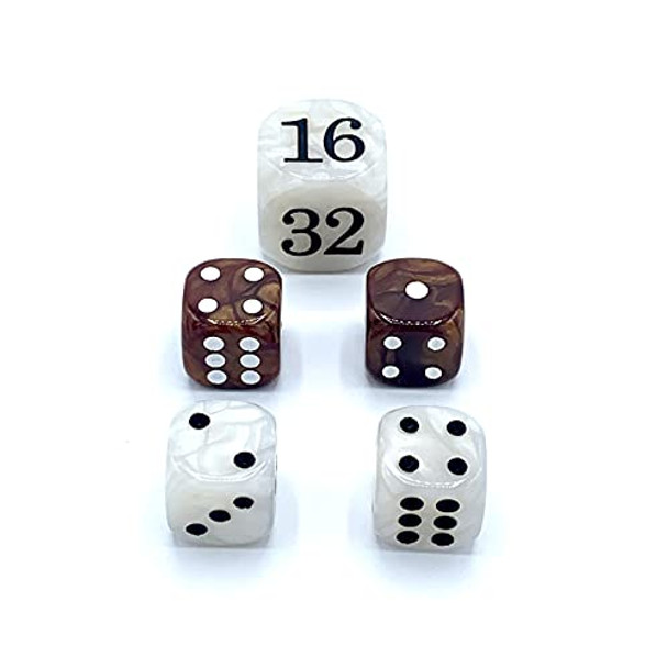 Luck Lab Backgammon Pearl Dice Set - 22 mm Doubling Cube Plus Four 16 mm Dice with Storage Bag Brown/White Marbelized