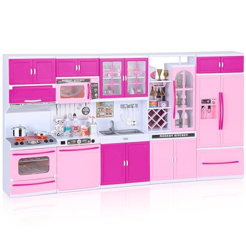 Mastom Kitchen Playset for Girls Play Kitchen Toys for Dolls with Realistic Lights & Sounds 56PCS Kids Pretend Play Kitchen Toy Accessories s for Toddlers Girls 3 4 5 6 Year Old