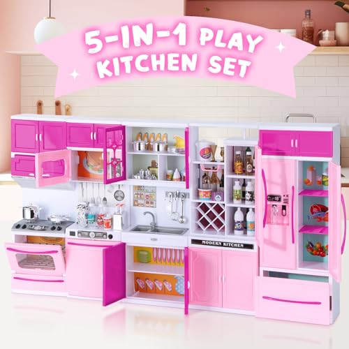 Mastom Kitchen Playset for Girls Play Kitchen Toys for Dolls with Realistic Lights & Sounds 56PCS Kids Pretend Play Kitchen Toy Accessories s for Toddlers Girls 3 4 5 6 Year Old