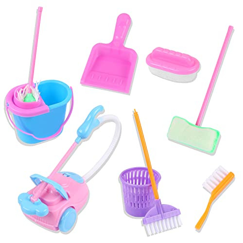 MIKIMIQI 9 Pcs Miniature Dollhouse Cleaning Supplies Mini Bucket Mop Dust Pan Brush Broom Mini Housework Cute Cleaning Supplies Tools Miniature Furniture Dollhouse Decoration Accessories