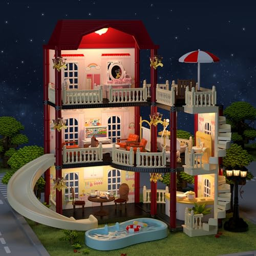 MITCIEN Dollhouse Kit Playset Little Critters Bunny Dolls for Girls with Swimming Pool and Slideside Family Toys for Toddler 3 4 5 6-Year-Old Girl