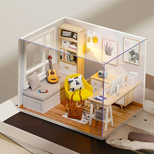 piberagi DIY Miniature Dollhouse Kit 1:32 Scale Creative Room Mini Wooden Doll House with Furniture Plus Dust Proof for Kids Teens Adults(Study Room)