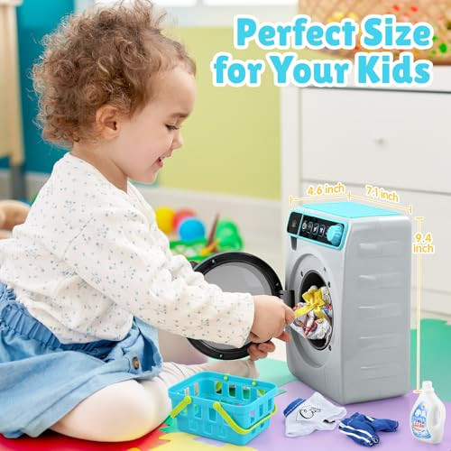 PLAY Kids Toy Washing Machine Realistic Pretend Play Appliance for Girls Interactive Toy Dollhouse Furniture Play Washer and Dryer Playset with Spinning Drum Light & Sound Effects Laundry Basket Set