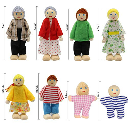 PUCKWAY Lovely Happy Dollhouse Dolls Family Set of 8 Wooden Figures for Children House Pretend