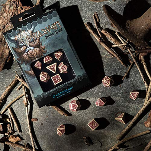 Q Workshop Dwarven Beige & Burgundy RPG Ornamented Dice Set 7 Polyhedral Pieces