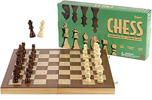 Regal Games - Reversible Wooden Board for Chess Checkers & Tic-Tac-Toe - 24 Interlocking Wooden Checkers and 32 Standard Chess Pieces - for Age 8 to Adult for Family Fun