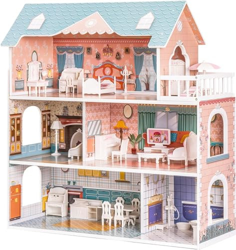 ROBUD Wooden Dollhouse for Kids Girls Toy for 3 4 5 6 Years Old with Furniture
