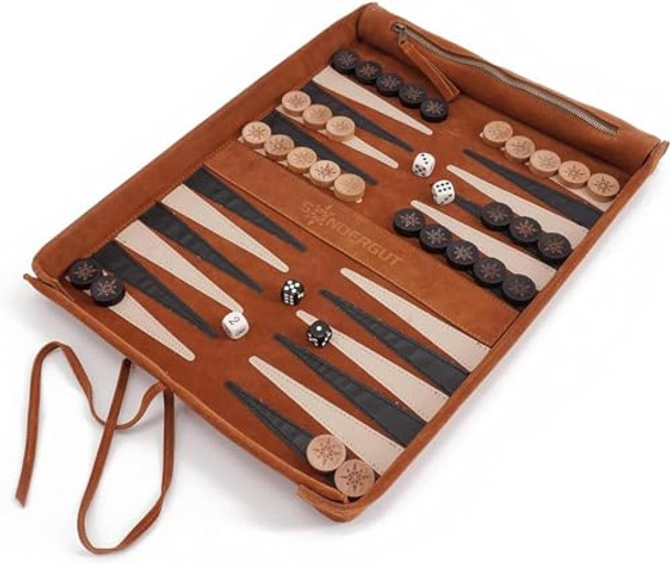 Sondergut Roll-up Portable Suede Deluxe Backgammon Game Set- Elegant Design Engraved Wood Stones Pop-Up Playing Field - Ideal for RV Travel Cruise Airplane Camping Backpacking Road Trips Etc.