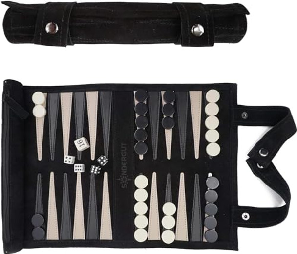 Sondergut Roll-up Portable Suede Backgammon Game Set - for Adults & Children - Ideal for RV Travel Cruise Airplane Camping Backpacking Road Trips Etc. Multiple Colors (Black)