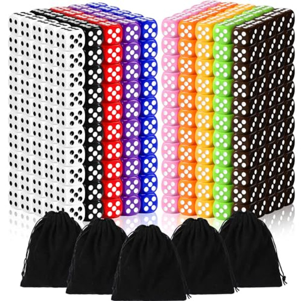 Syhood 500 Pieces 16mm Colored Dice Bulk 6 Sided Dice Set with 5 Pieces Drawstring Pouches Standard Game for Classroom Teaching Math Learning Board Dices Game 10 Color