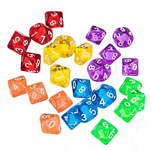 Teensery 24 Pcs Transparent Polyhedral Dice Acrylic 10 Sides Game Dice with Number 0-9 Assorted Colors