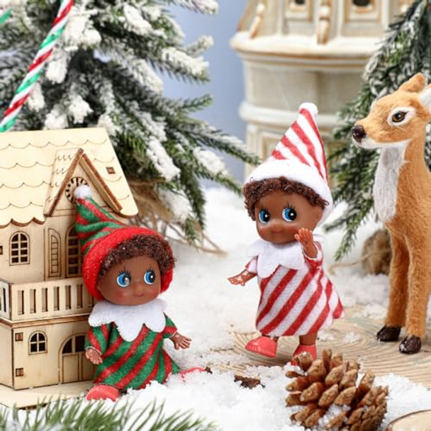 Threan 2 Pcs Christmas Elf Twins Ethnic Hispanic African American Black Elfs Xmas Figure Village Accessories Decoration Advent Calendar Stocking Stuffer(Belt Style)