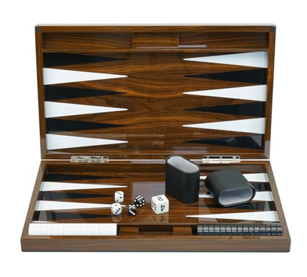 TIMELYBUYS Deluxe Wood 18" Lacquered Backgammon Board Game Set with Premium Leather Dice Cups and Acrylic Game Chips