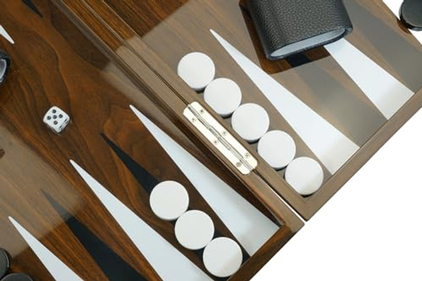 TIMELYBUYS Deluxe Wood 18" Lacquered Backgammon Board Game Set with Premium Leather Dice Cups and Acrylic Game Chips