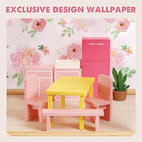 Tiny Land Wooden Dollhouse for Girls - 6 Rooms Wooden Doll House DIY Pretend Doll House with 31Pcs Furniture Accessories Creative for Girl Ages 3+