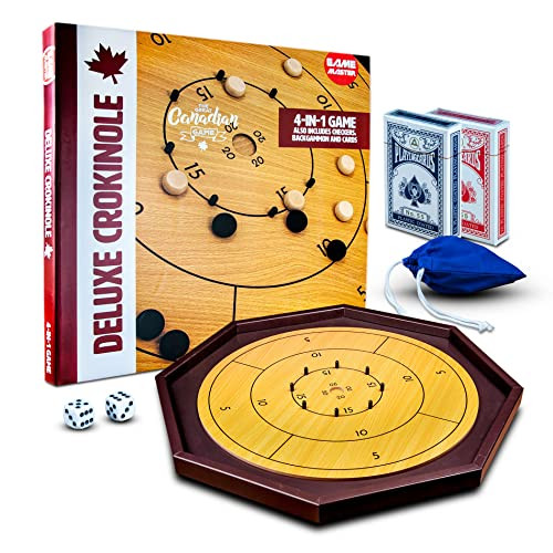 Tradeopia 4-in-1 Deluxe Crokinole Board Game Set Chess Checkers and Backgammon Board Canadian Heritage Game for Friends & Families Set Includes Crokinole Board 32 Discs 2 Dice 2 Packs of Cards