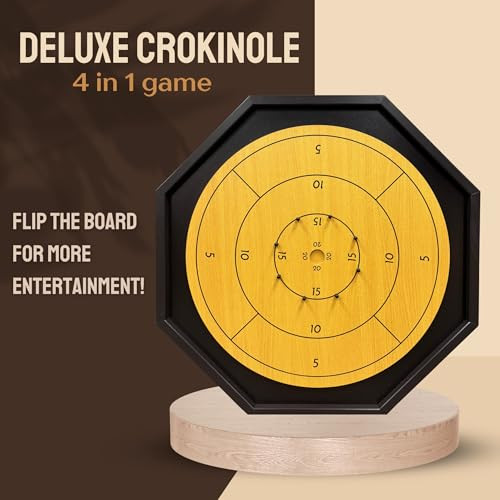 Tradeopia 4-in-1 Deluxe Crokinole Board Game Set Chess Checkers and Backgammon Board Canadian Heritage Game for Friends & Families Set Includes Crokinole Board 32 Discs 2 Dice 2 Packs of Cards