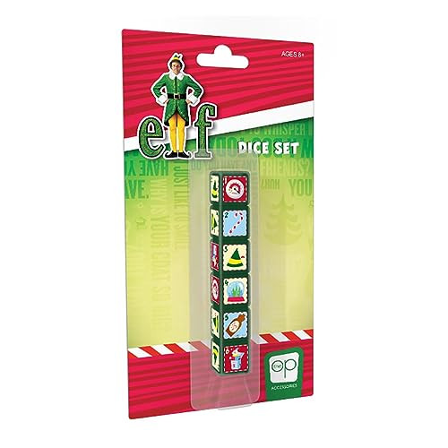 USAOPOLY Elf Dice Set Collectible d6 Dice Featuring Characters & References - Christmas Cheer Level Candy Cane Buddy's Hat Snow Globe Syrup Jack-in-The-Box Officially Licensed 6-Sided Dice