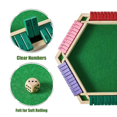 Vamslove Shut The Box Game for 6 Player with 12+4 Dice - Colorful 6 Sided Wooden Board Math Number Games for Kids Adults Families Party Club (Instructions Included)