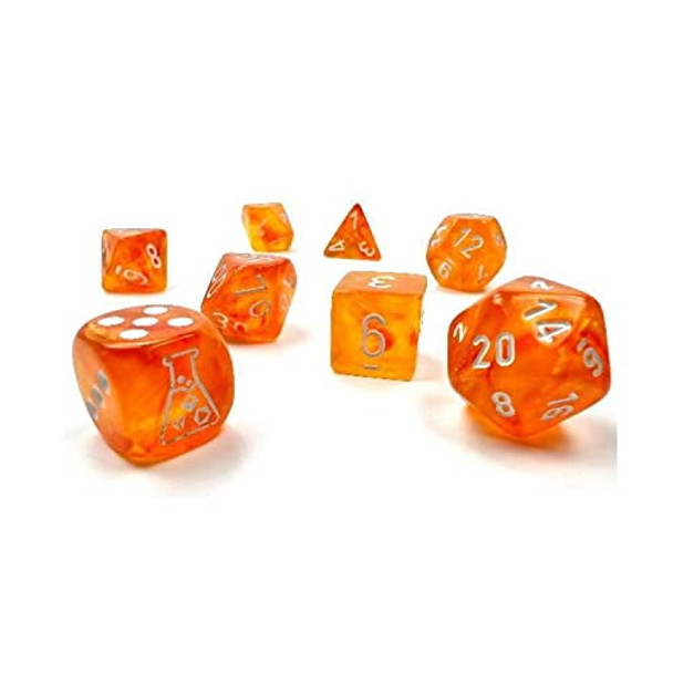 Wondertrail Borealis Blood Orange Luminary Dice with White Numbers 7+1 Dice Set 16mm (5/8in) Chessex
