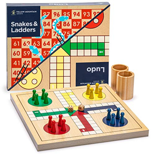 Yellow Mountain Imports Yellow Mountain Imports 2-in-1 Reversible Wooden Snakes and Ladders Ludo Game Set - 11.3 inches