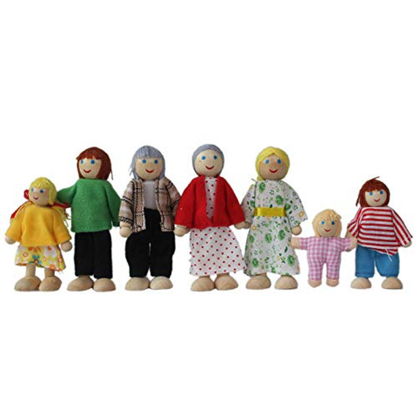 Yeooyoor Wooden Doll House Family 7 Miniature Figures - Dress-Up Characters: Grandpa Grandma Mom Dad Boy Girl