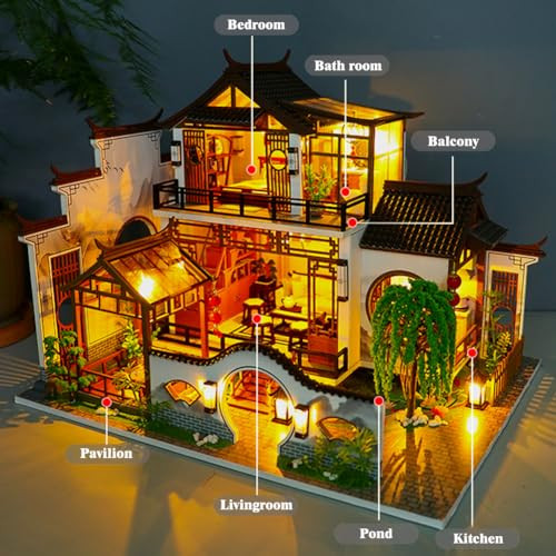 Yuzhen DIY Miniature Dollhouse with Furniture and LED Lights Large Ancient Style Wooden Dollhouse Includes Dustcover and Music Movement Exquisite Home Decor