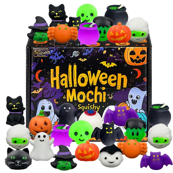 Halloween Mochi Squishy 24 Pcs Toys with Gift Box Mini Kawaii Mochi Squeeze Toy Stress Reliever Anxiety Packs for Kids Party Favors Halloween Miniatures Halloween Treat Bags Gifts