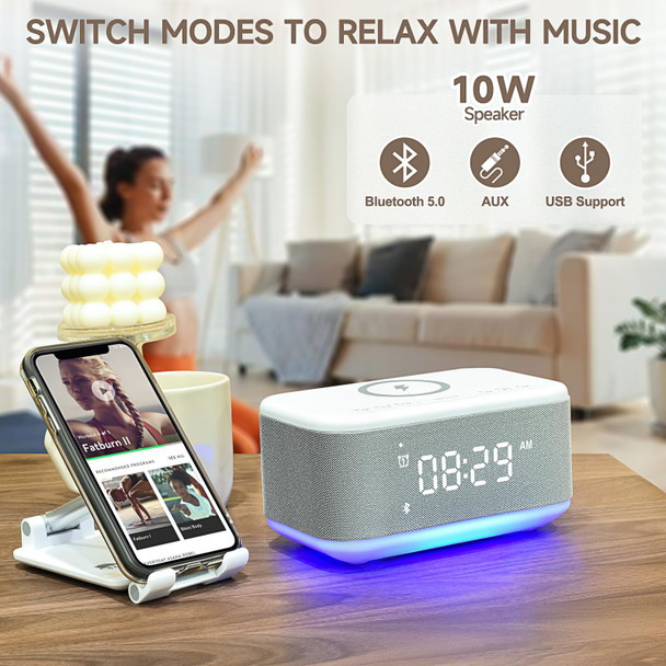 Alarm Clock Speaker Wireless Charger, Digital Alarm Clocks Bedrooms Bluetooth, Alarm Clock Dimmable Light Bedrooms Dual Alarm Snooze Dimmer 12 24H RGB Night Light Bluetooth USB AUX, Gray