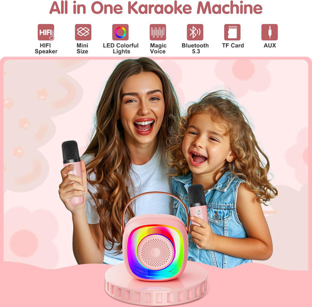 Micpioneer Karaoke Machine for Kids Mini Portable Bluetooth Karaoke Speaker with 2 Wireless Microphones and Lights Birthday s for Girls Ages 4 5 6 7 8 9 10 12+(Pinkcolor)
