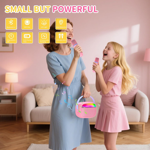 Rssidol Mini Karaoke Machine with 2 Wireless Microphones for Kids Portable RGB Bluetooth Speaker Birthday Toys for 3 4 5 6 7 8+ Year Old Girls Boys