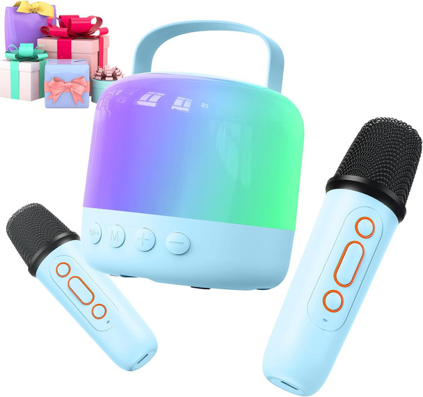 Siaca Mini Karaoke Machine for Kids Toys Mini Karaoke Machine with 2 Wireless Microphones Birthday for Girls Boys 2 3 4 5 6 7 8 9 10 11 12 13 14 15 Year Old (Blue)