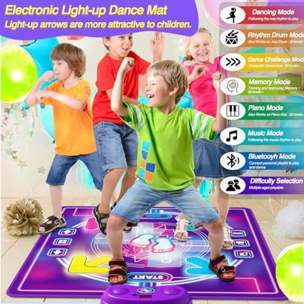 Topfresh Dance Mat for Kids Ages 4-8 Electronic Dance Pad with Light-up Button Wireless Bluetooth Adjustable Volume Music Dance with 6 Game ModeChristmas Birthday s for 3-12 Year Old Girls