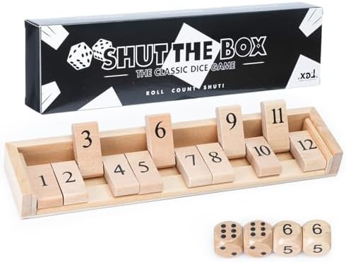 Uniqus Shut The Box Dice Game Board Game Travel Size 11'' Wooden 12 Numbers 2 Classic Dice & 2 Number Dice Storage Bag Instructions Math Learning Classroom Kids Adults