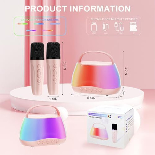 Uuw Portable Bluetooth Mini Karaoke Machine with 2 Wireless Microphone & LED Lights Mini Karaoke Speaker for Kids & Adults Birthday for Girls Boys Ages 3-12 Pink