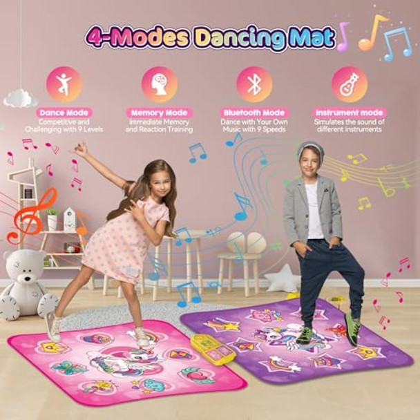 Vatos Double Dance Mat for Girls - 4 Game Modes & 9 Challenge Levels with Adjustable Volume Led Light & Wireless Bluetooth Music Play Mat Birthday s Toys for Kids Ages 3 4 5 6 7 8 9+ Years Olds