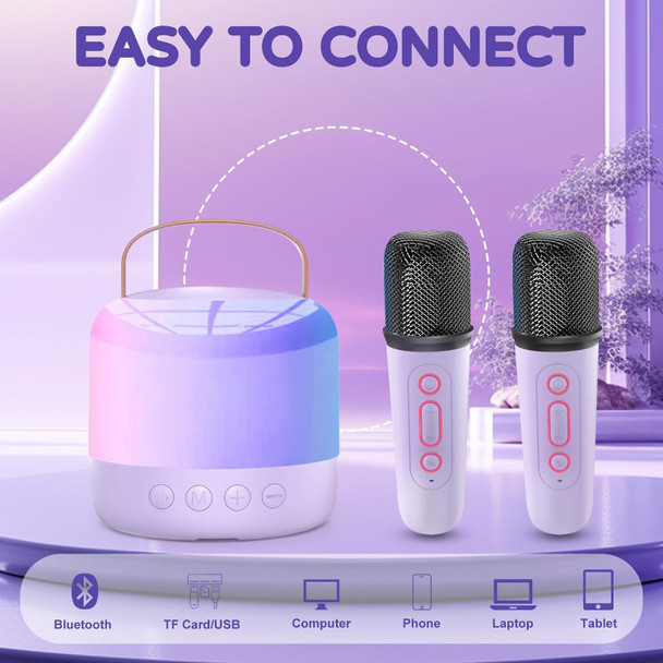 Yihee Mini Karaoke Machine for Kids Adults Portable Bluetooth Speaker with 2 Wireless Microphones and Colorful Lights Ideal for Girls Boys Birthday Family Party (Purple 2 Mics)