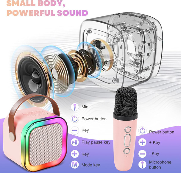 Zhiheyongli Karaoke Speaker with Microphone Portable Bluetooth Kids Karaoke Machine with LED LightsMini Wireless Karaoke Microphone for Home Parties and Karaoke Machine for Kids Birthday s Toys .(Pink)