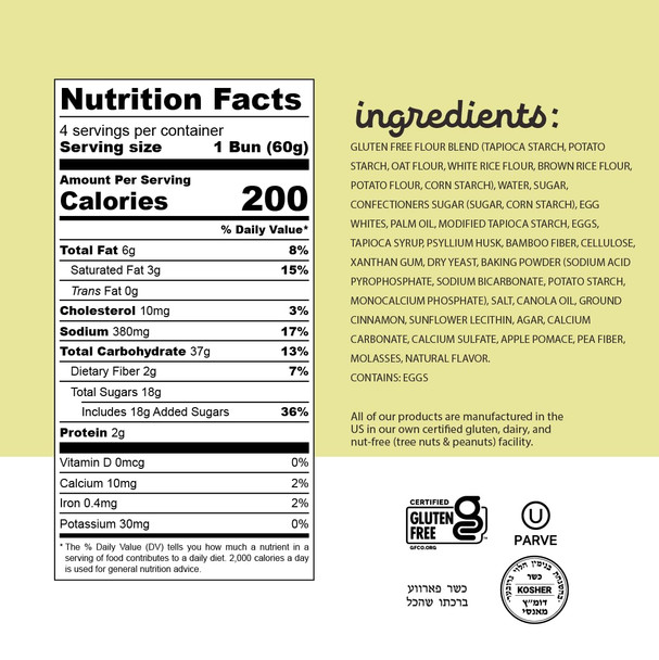 Katz Gluten Free Cinnamon Buns Fresh Baked buns Made With Real Cinnamon and Covered In A Sweet Glaze Grain Free Tree Nut Free Peanut Free Dairy Free Soy Free Kosher 4 Individually Wrapped Cinnamon Buns 8.5 oz. (Pack of 6)