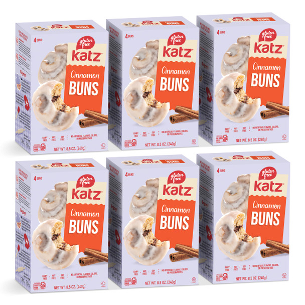 Katz Gluten Free Cinnamon Buns Fresh Baked buns Made With Real Cinnamon and Covered In A Sweet Glaze Grain Free Tree Nut Free Peanut Free Dairy Free Soy Free Kosher 4 Individually Wrapped Cinnamon Buns 8.5 oz. (Pack of 6)